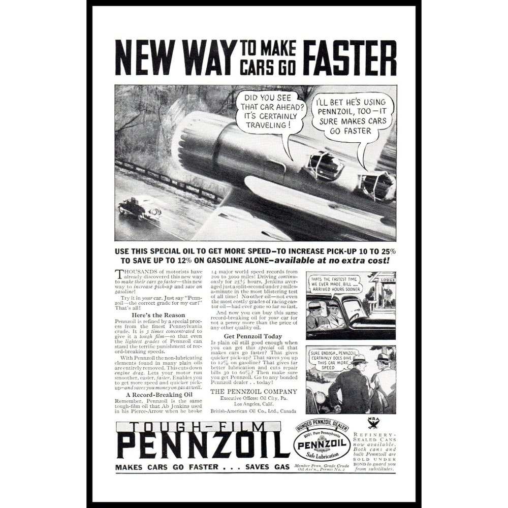 1934 Penzoil Motor Oil Vintage Print Ad Speeding Car Airplane Wall Art Drawing
